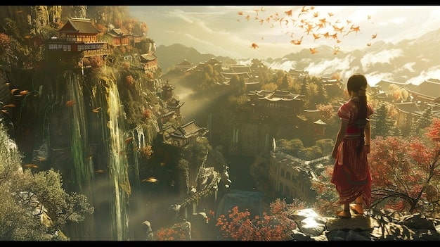 A digital artwork depicting a scene from a fantasy-themed Korean drama, showcasing mythical creatures and majestic landscapes against a backdrop of a star-filled sky. The image captures the enchanting and visually stunning elements typical of the genre.