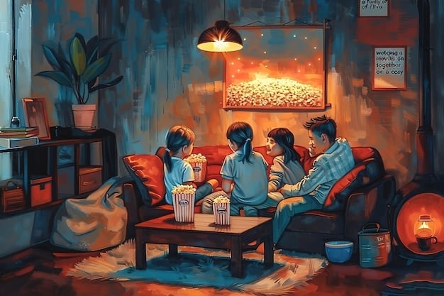 A digital painting of a welcoming Brazilian family sitting on their living room couch watching a Kdrama on television together and sharing snacks.