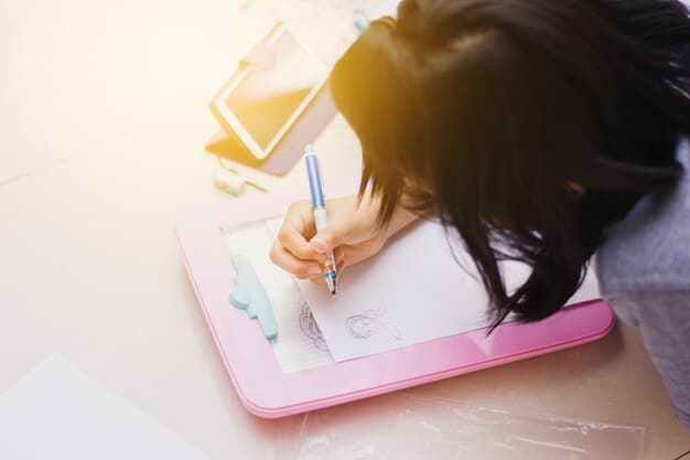 A person pausing a Korean drama scene on their tablet and writing down notes in a notebook, with colorful pens and highlighters.