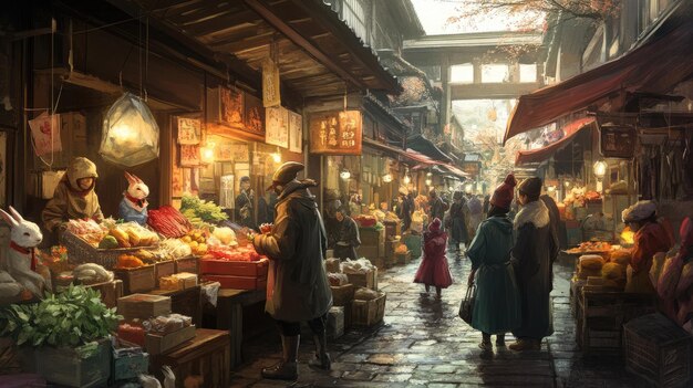 A scene depicting a bustling marketplace in ancient Korea, crowded with vendors selling various goods, commoners dressed in simple clothing, and noblemen passing through on horseback, highlighting the social and economic diversity of the time.