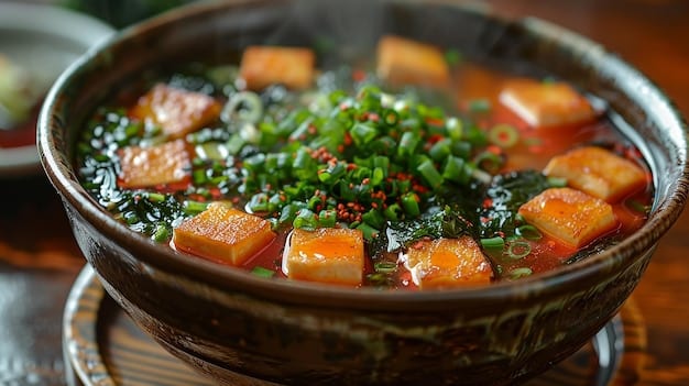 A steaming bowl of Kimchi Jjigae, with vibrant red broth, chunks of tofu, green onions, and visible kimchi pieces. The bowl is placed on a traditional Korean table, with chopsticks resting on the side, ready to be used.