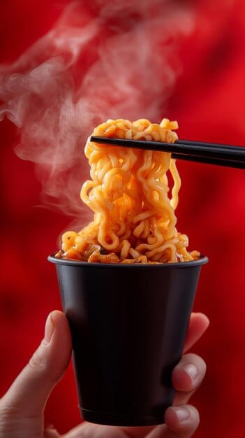 A close-up shot of Tteokbokki being served in a paper cup, with steam rising from the spicy red sauce coating the chewy rice cakes. The cup is held by someone with visible colorful nail polish, suggesting a trendy and youthful vibe