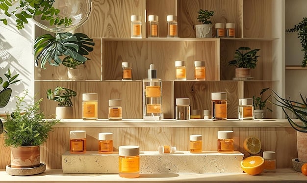 An assortment of Korean skincare products arranged on a shelf in a brightly lit cosmetics store. The products include serums, masks, and creams, with K-beauty brand logos visible. The focus is on the variety and availability of Korean skincare items.