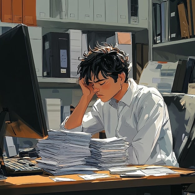 A close-up shot of a character in a Korean drama looking stressed and overwhelmed while sitting at a desk filled with papers in a modern office setting.