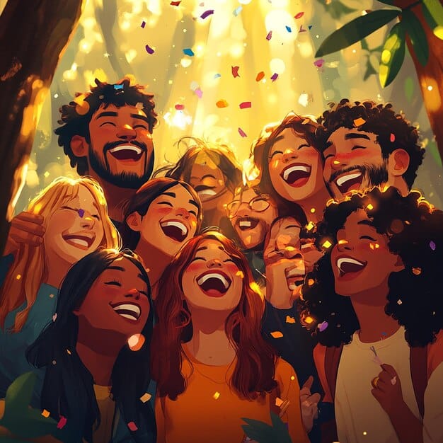 A group of friends smiling and laughing in a dorama scene, showcasing the strong friendship theme prevalent in many doramas.