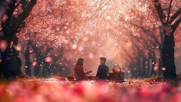 A still from a popular romantic Kdrama, focusing on the two lead actors sharing a tender moment, with soft lighting and a picturesque background of cherry blossom trees.