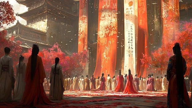 A scene from a historical J-drama, depicting noble characters in traditional kimonos, with a beautifully detailed palace in the background, showcasing the elegance of Japanese historical dramas.