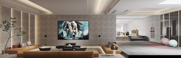 A high-definition shot of a modern living room with a large flat-screen TV displaying a captivating dorama scene. Soft lighting illuminates the scene, focusing on the screen and the cozy interior of the living room.