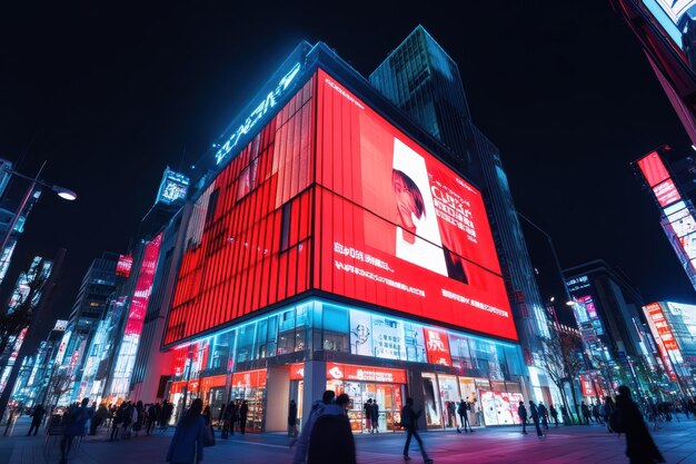 A sleek and modern office building of a major South Korean dorama production company, with a billboard displaying the titles of their most popular dramas and upcoming releases.