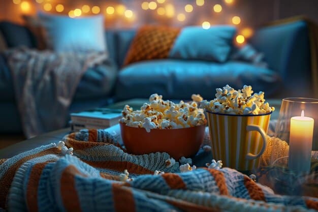 A living room setup for a family movie night, with blankets, pillows, a large bowl of popcorn, and soft lighting.