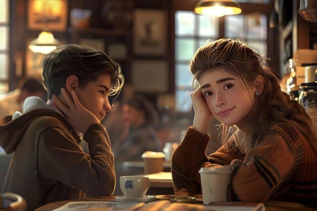 A scene from the novela teen showing two teenage characters having a serious conversation in a bedroom, textbooks and backpacks are scattered around, suggesting they are discussing school or personal problems.