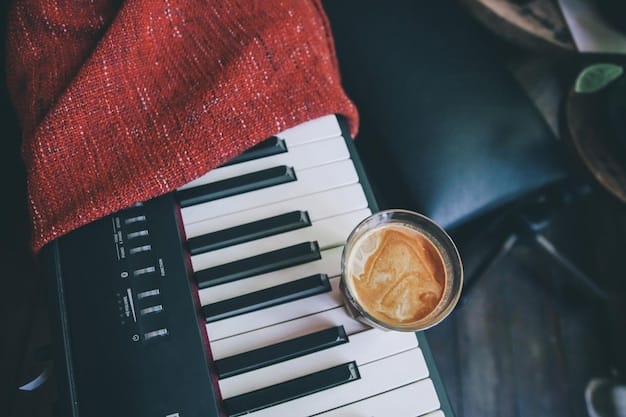 A close-up of a piano being played, with sheet music in focus. The background is blurred, showing a dimly lit cafe with people enjoying music.