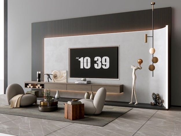 A minimalist living room setup showcasing the Apple TV 4K connected to a large, wall-mounted OLED TV. The focus is on the clean, modern aesthetics of the Apple TV device and remote, emphasizing the seamless integration with the TV. The room is bathed in soft, natural light, creating a cozy and inviting atmosphere for entertainment.