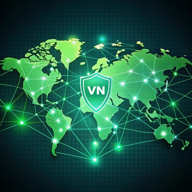 A stylized world map with glowing VPN connection lines originating from a central device, highlighting different countries. Each country displays logos of popular streaming services, indicating the global access facilitated by VPNs. The overall design is modern and emphasizes connectivity and data privacy.