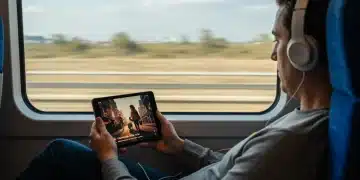 Pessoa assistindo streaming offline em tablet durante viagem de trem