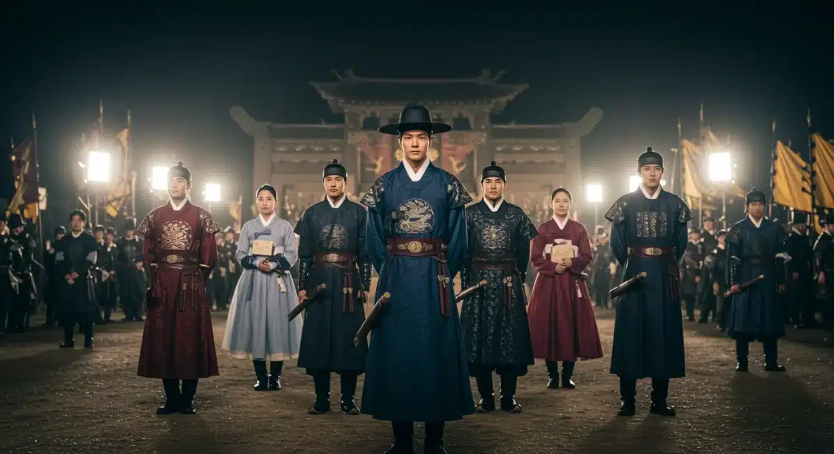Atores coreanos em trajes históricos detalhados em um cenário de época, representando a produção de um dorama.