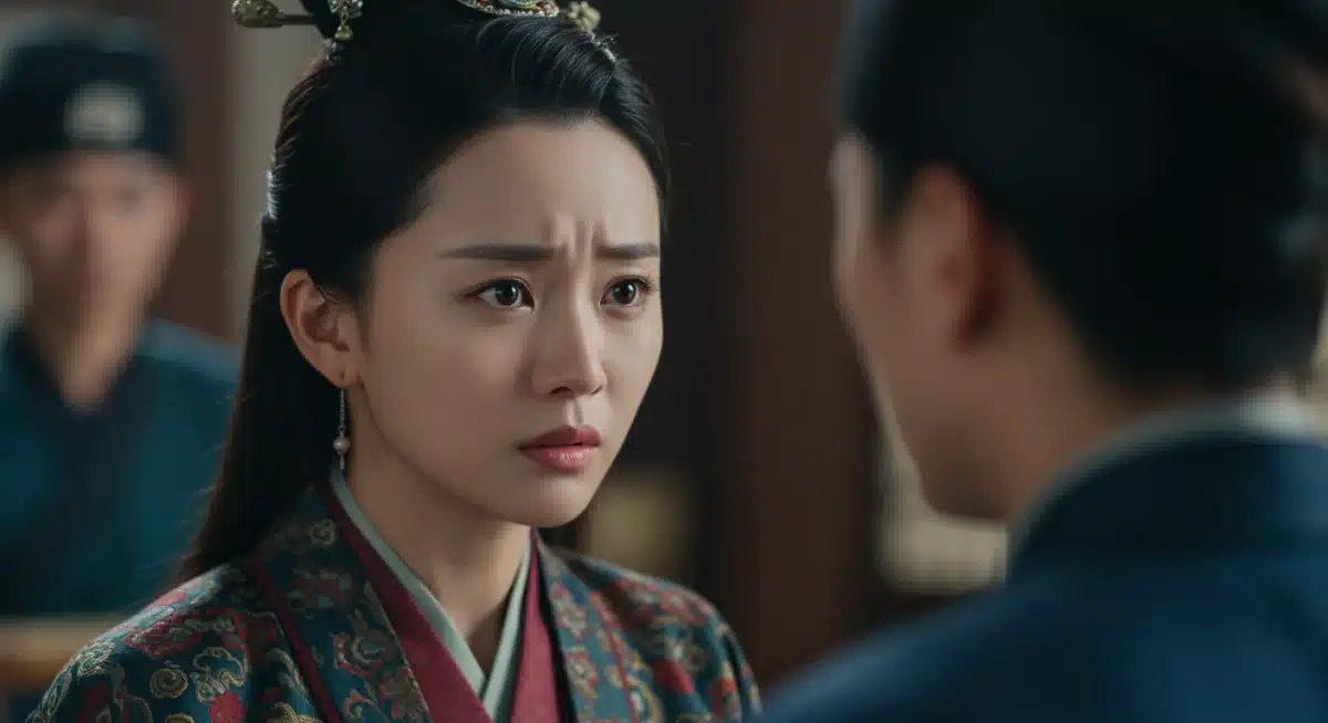 Atriz principal de 'O Segredo da Dinastia' em cena emocionante, com vestes tradicionais.