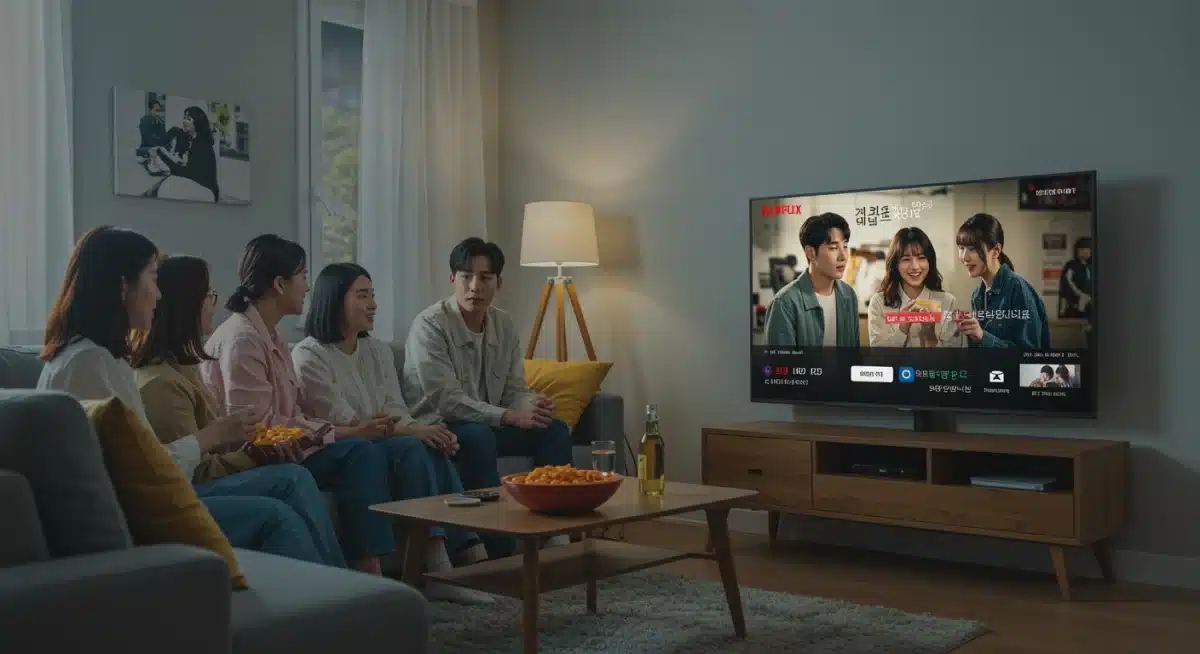 Grupo de amigos assistindo a um dorama coreano em uma plataforma de streaming, simbolizando o consumo coletivo e a facilidade de acesso.