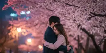 Os 5 Melhores Doramas de Romance de 2024 para Sua Maratona Casal de dorama em um abraço romântico sob cerejeiras, simbolizando o amor e a beleza dos melhores doramas de romance de 2024.