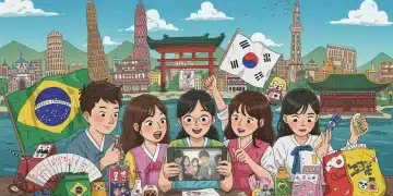 Jovens brasileiros assistindo doramas coreanos, com elementos culturais do Brasil e da Coreia do Sul se misturando ao fundo.