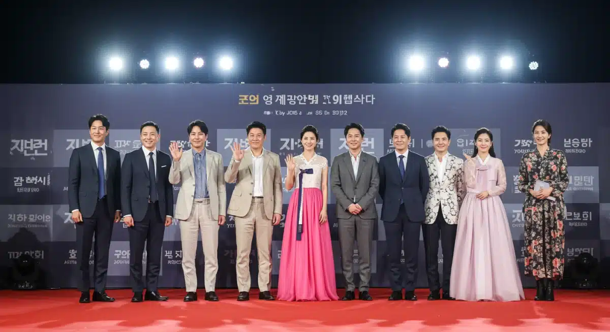 Elenco de um dorama coreano em evento de lançamento, celebrando as novas produções.