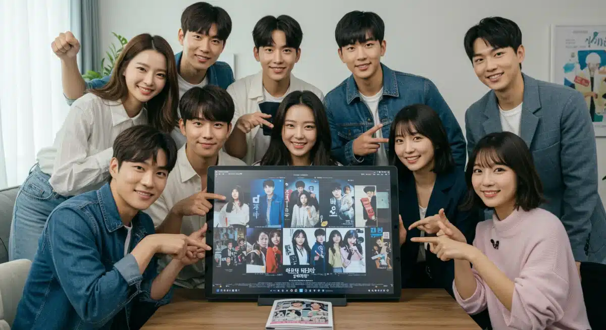 Grupo de fãs de doramas coreanos assistindo a trailers e discutindo os próximos lançamentos de março de 2025 em um ambiente descontraído.