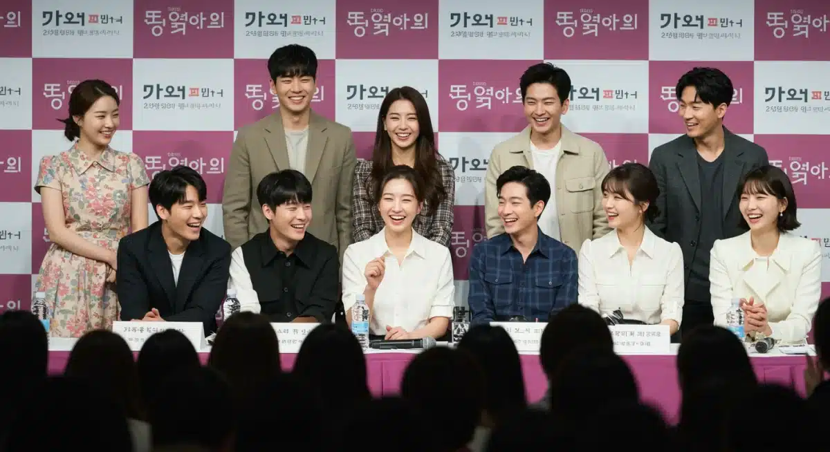 Elenco de 'Rainha das Lágrimas' em evento promocional, celebrando o sucesso da série.