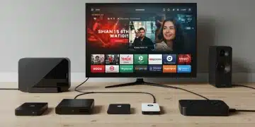Dispositivos de Streaming 2025: Melhores para Sua Casa Sala de estar moderna com TV inteligente exibindo interface de streaming e diversos dispositivos de streaming conectados, sugerindo entretenimento doméstico de alta qualidade.