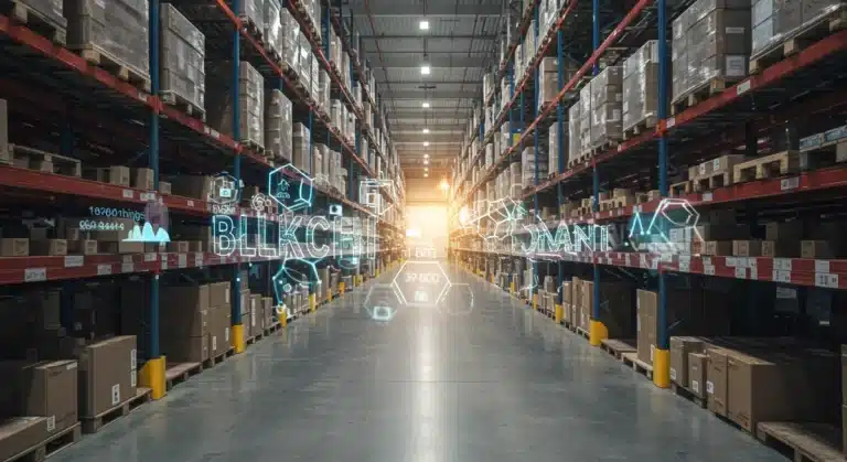 Almacén moderno en España integrando tecnología blockchain para una logística eficiente y transparente