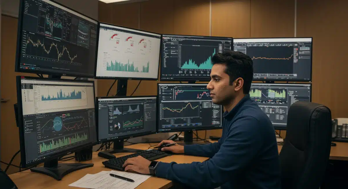 Periodista analizando datos deportivos en múltiples pantallas para una cobertura innovadora.