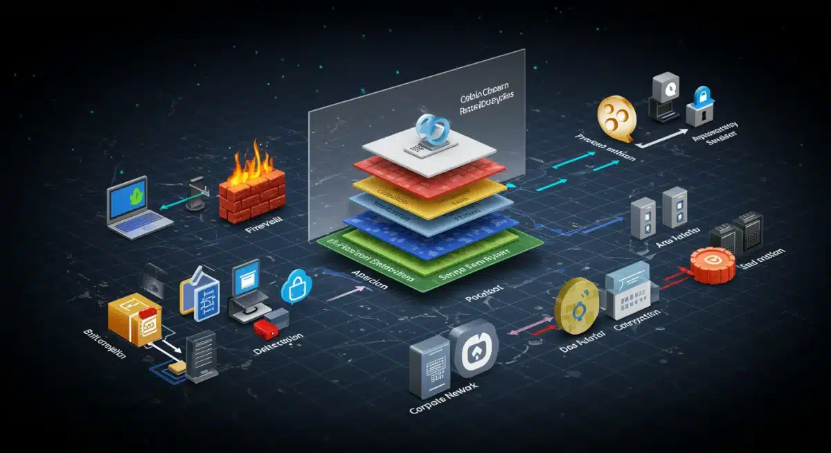 Diagrama de arquitectura de ciberseguridad multicapa para pymes, mostrando firewalls y cifrado.