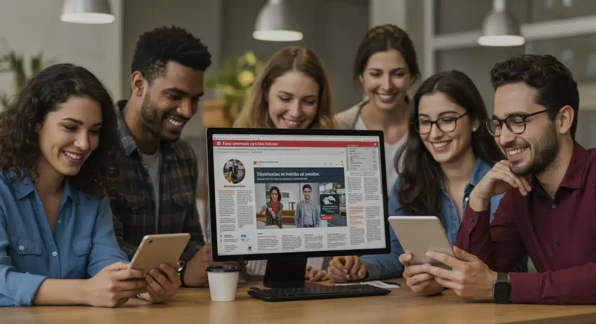 Audiencia diversa interactuando con noticias personalizadas en dispositivos digitales, mostrando satisfacción.