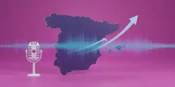 Gráfico que muestra el auge del podcast periodístico en España, con un micrófono y ondas de sonido sobre un mapa del país.