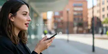 Mujer utilizando la búsqueda por voz en un smartphone en un entorno urbano español, con iconos digitales flotando alrededor.