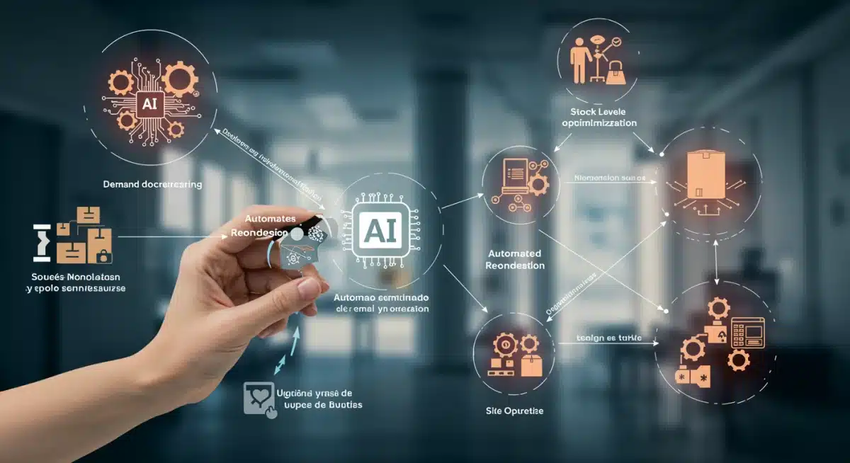 Diagrama de flujo de la cadena de suministro con inteligencia artificial, mostrando predicción de demanda, reabastecimiento automático y optimización de stock en un entorno empresarial.