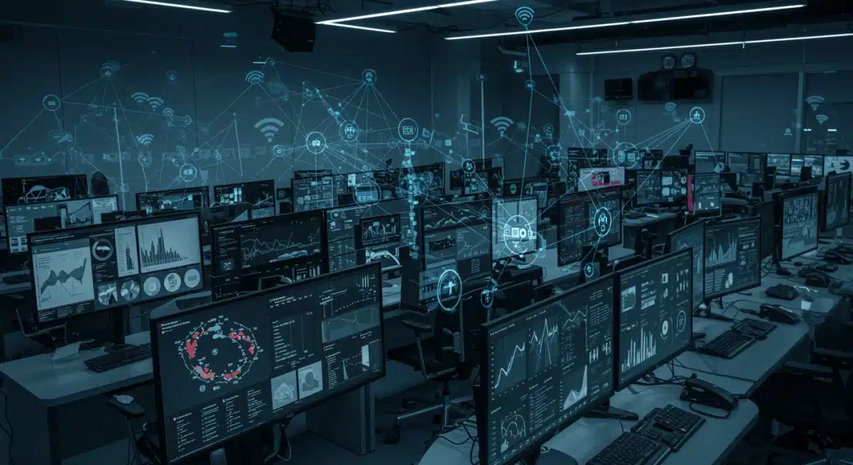 Centro de control de ciudad inteligente mostrando datos en tiempo real de tráfico, energía y gestión de residuos.