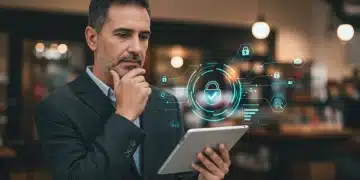 Propietario de negocio local revisando panel de ciberseguridad en una tablet, con iconos de seguridad digital de fondo.