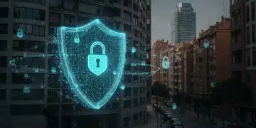 Escudo digital protegiendo una pyme en España contra amenazas cibernéticas en 2025, con elementos de seguridad avanzada.