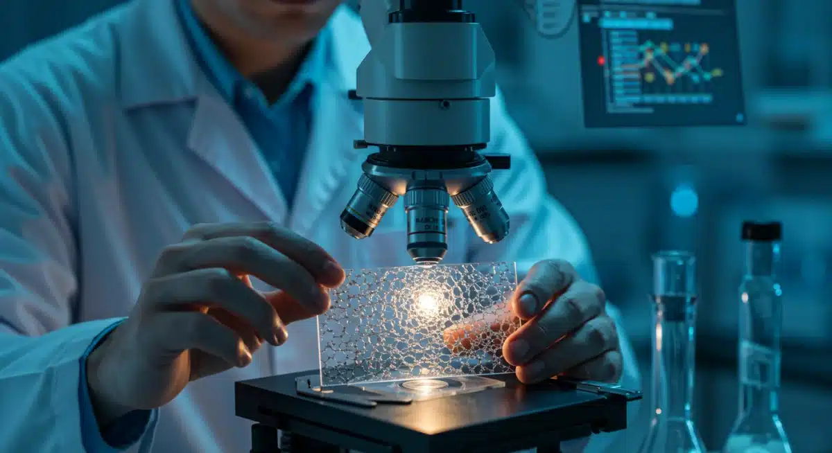Científico examinando un material inteligente bajo un microscopio en un laboratorio.