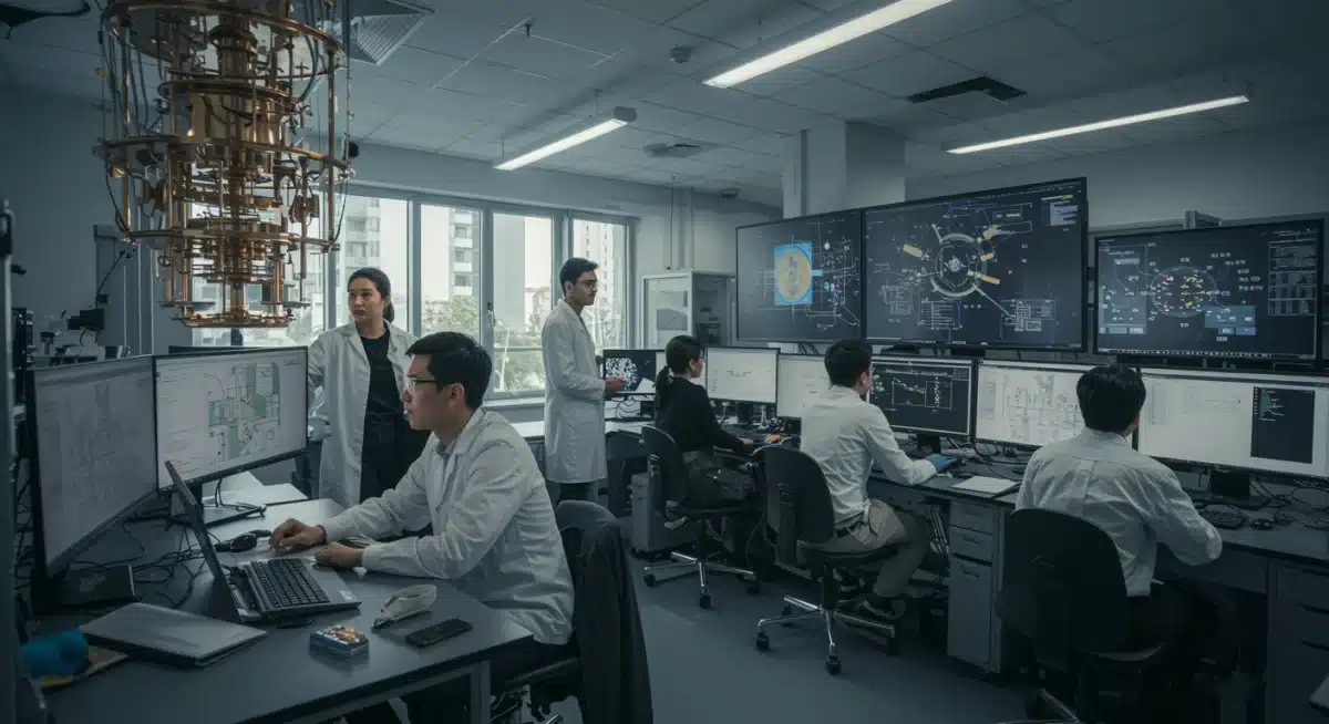 Científicos colaborando en un laboratorio moderno, investigando modelos de computación cuántica, simbolizando la investigación y el desarrollo.