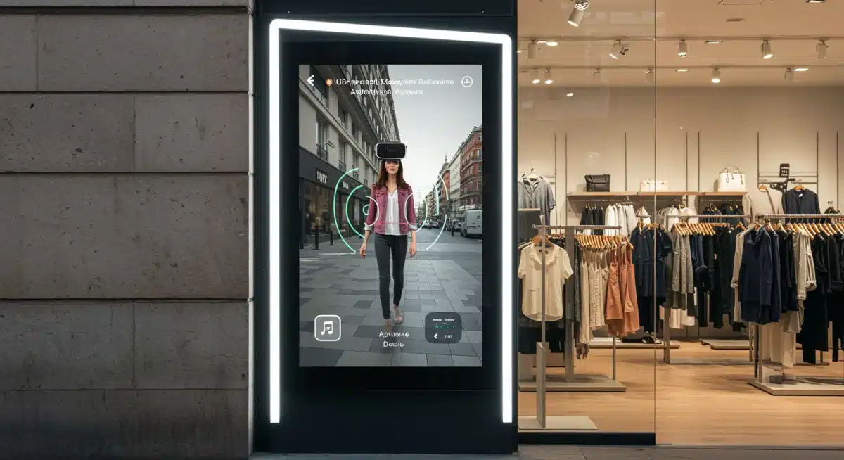 Cliente interactuando con un probador virtual en un escaparate digital, probándose ropa con realidad aumentada.