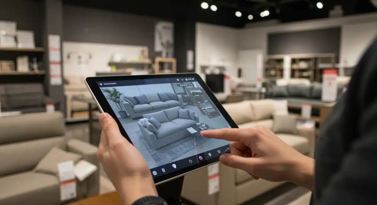 Cliente visualizando muebles con realidad aumentada en su casa a través de una tablet.