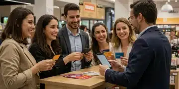 Clientes satisfechos interactuando amigablemente con el dueño de un negocio local, mostrando tarjetas de fidelidad y sonriendo.