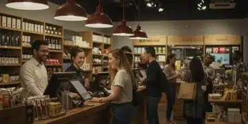 Clientes interactuando positivamente en un negocio físico moderno y bien diseñado