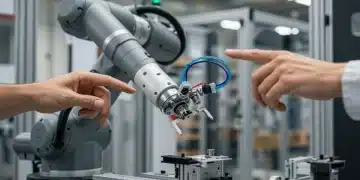 Brazo de robot colaborativo (cobot) trabajando junto a una mano humana en una línea de montaje industrial, simbolizando la interacción eficiente y segura en las PYMES españolas.