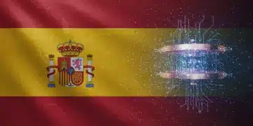 Representación futurista de la computación cuántica con elementos de la bandera española, simbolizando innovación y avance tecnológico en España.