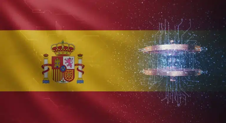 Representación futurista de la computación cuántica con elementos de la bandera española, simbolizando innovación y avance tecnológico en España.