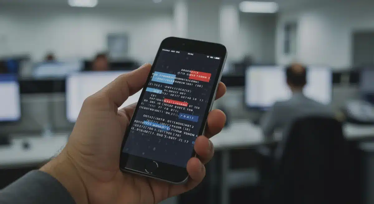 Mano sosteniendo un smartphone con mensajes cifrados, representando la comunicación segura y la protección de fuentes en el periodismo.