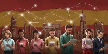 Grupo diverso de personas en España interactuando con dispositivos digitales, formando una comunidad conectada.