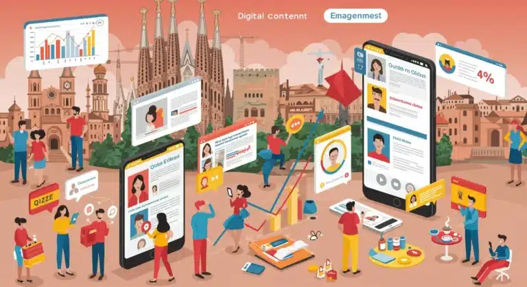 Público español interactuando con contenido digital interactivo, mostrando encuestas, cuestionarios y videos, con gráficos de aumento de engagement.